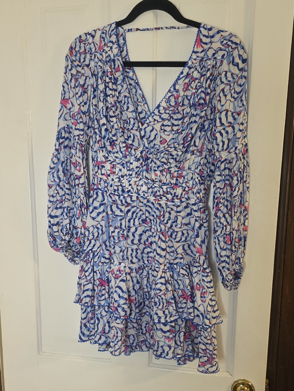 Poupette St Barth Blue and Pink Printed V-Neck Tiered Mini Dress